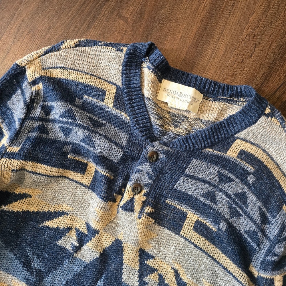 Denim & Supply Ralph Lauren Blue Southwestern Henley Cotton Sweater Womens M - Picture 2 of 7